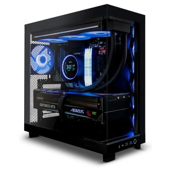 Gaming PC with the side panel showing GPU, CPU cooler and memory