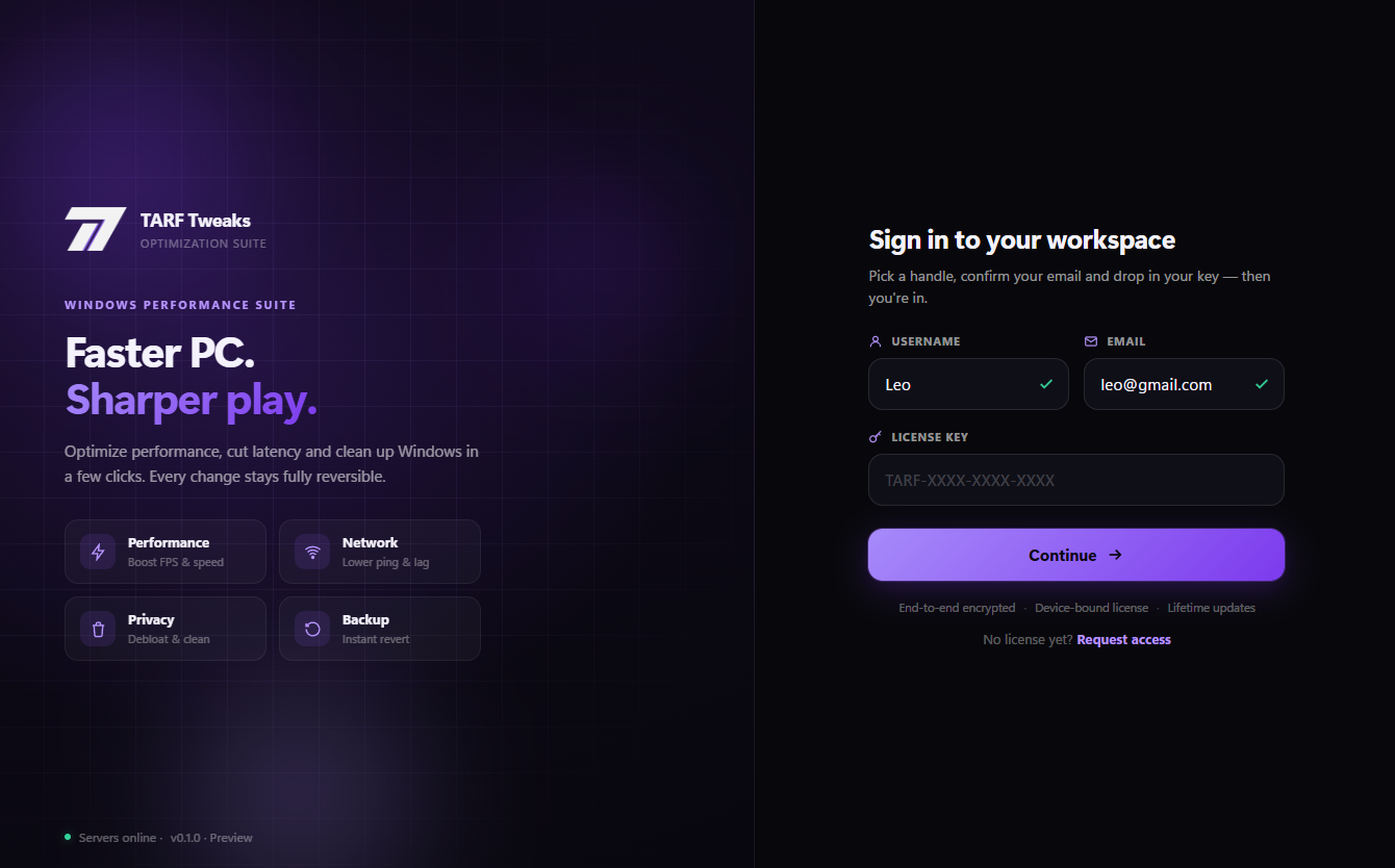 Preview of the TARF Tweaks sign-in screen
